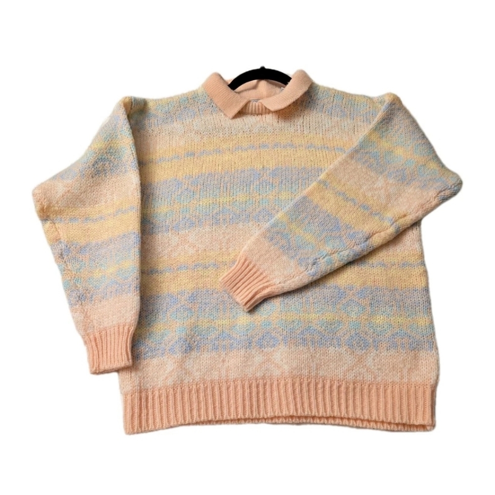 VTG Helium Pastel Tones Varying Stripes Collared Pullover Acrylic Sweater Size L
